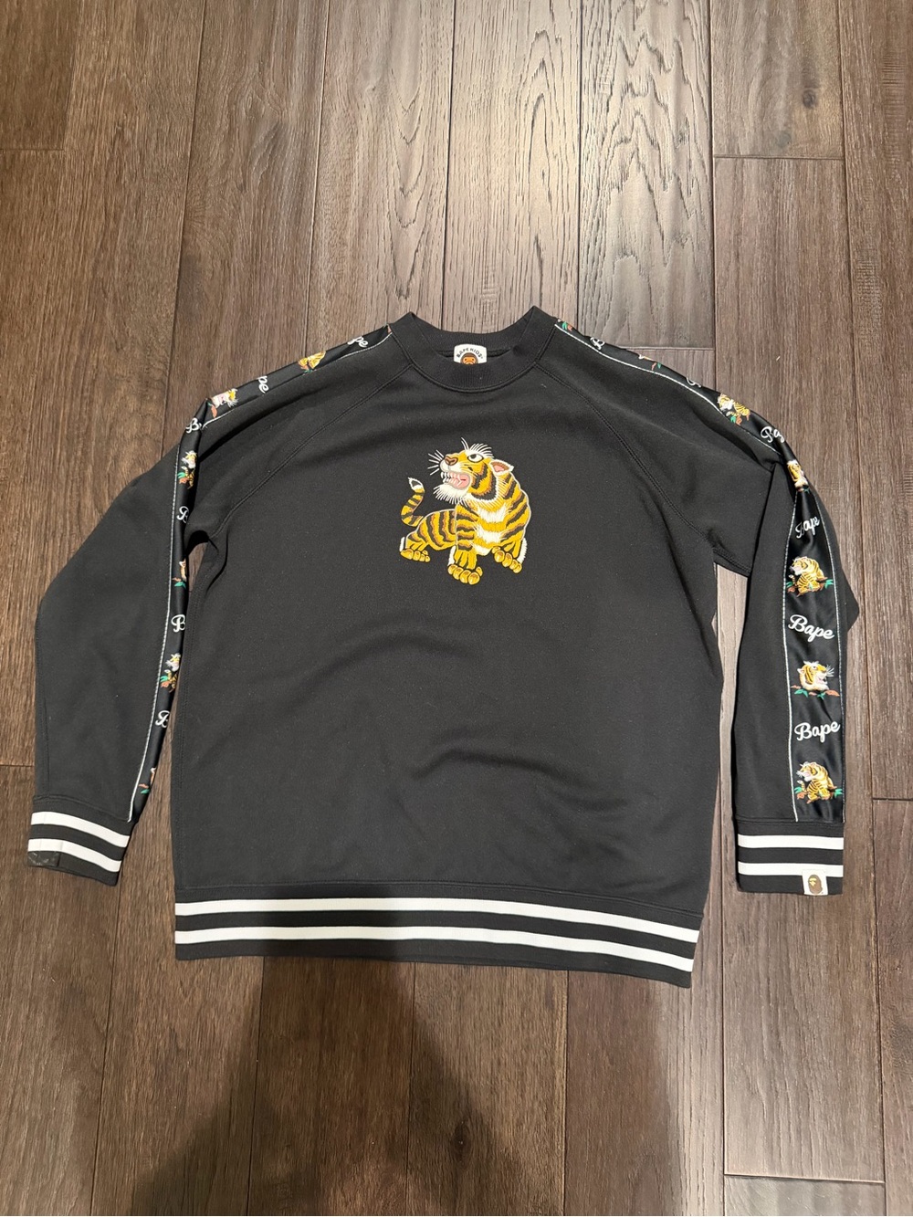 Bape Kids Black Crewneck Sweater with Embroidered Yellow Tiger